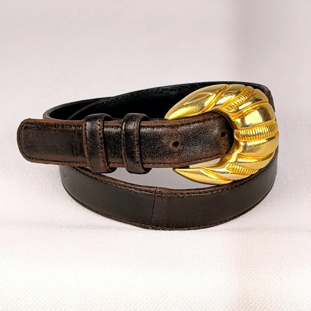 Vintage Carlisle Brown Leather Belt Gold Tone Textured 80s Sculptural Glam Chic